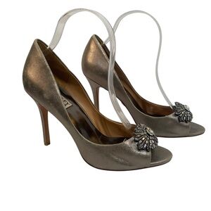 Badgley Mischka Women's Silver Metallic Embellished Peep Toe Heels Size 8.5